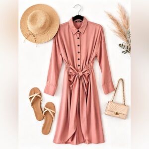 Blush Pink Tie-Waist Shirt Dress | Elegant Button Front Modi